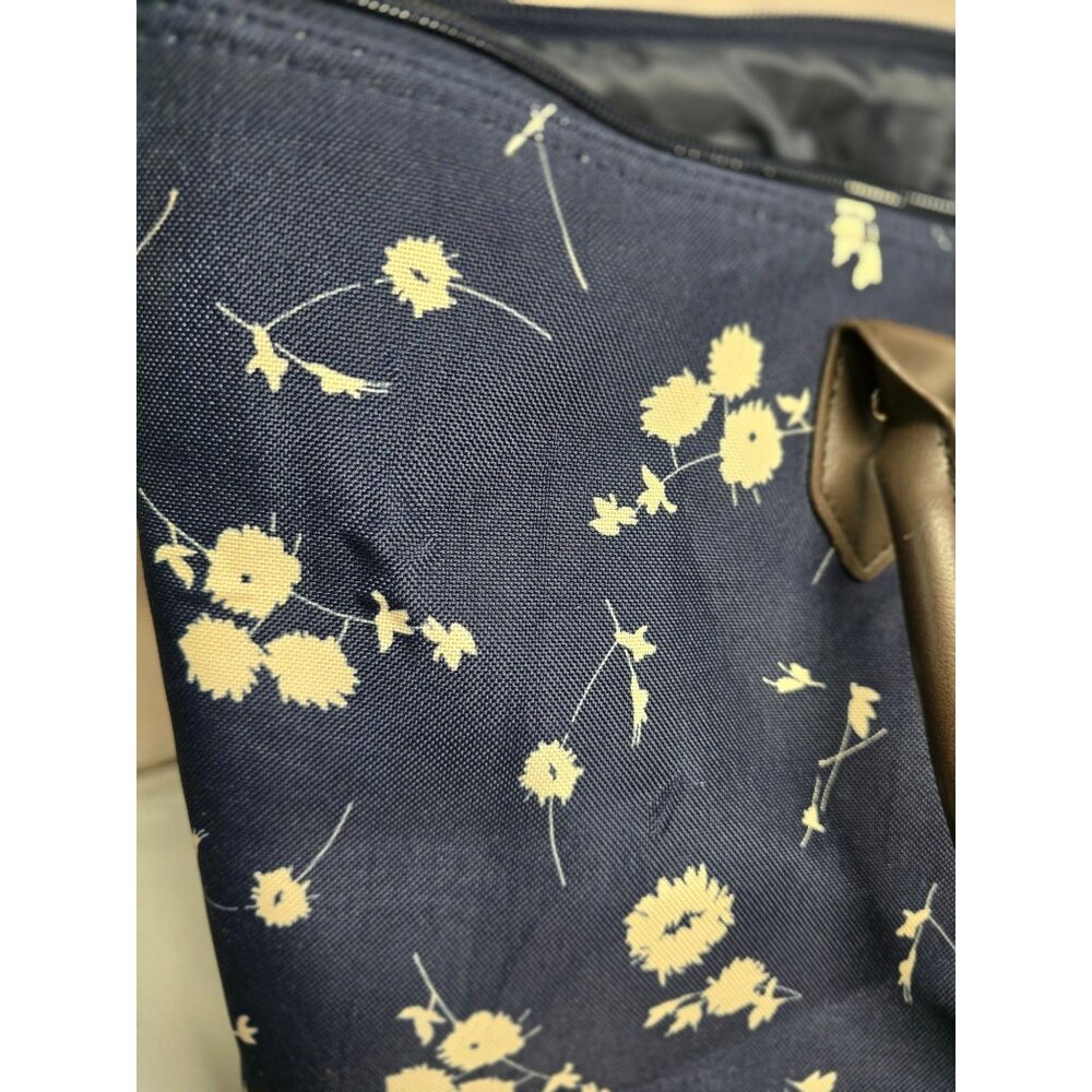 Chaps Navy Blue Floral Tote Bag With Brown Handles & Zipper Closure - Picture 14 of 16